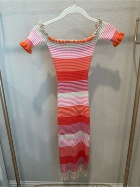 Dee Elly Striped Off-Shoulder Knit Midi Dress in Pink and Orange